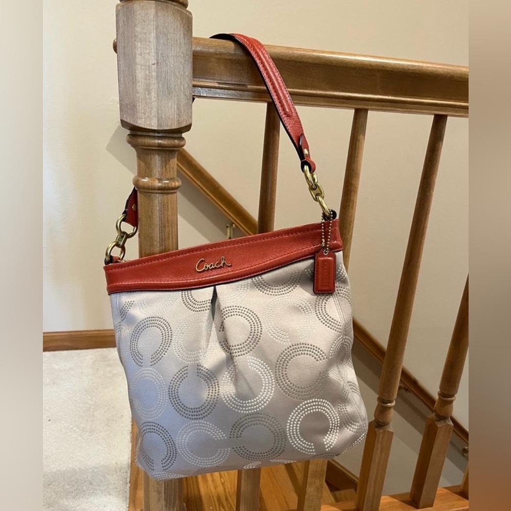Coach Ashley Dotted Op-Art Jacquard Khaki w/ Red Leather Trim Purse EUC